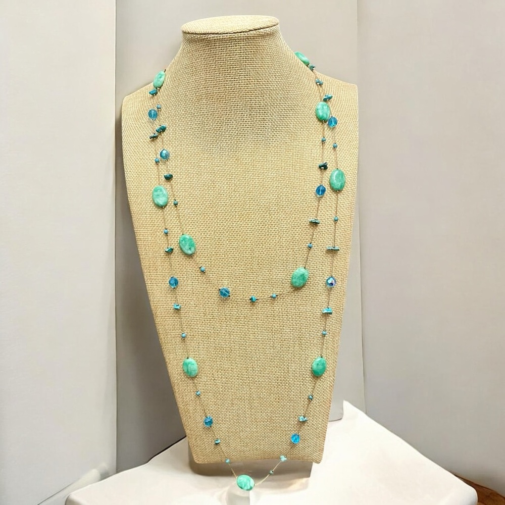 54" Turquoise Gold Tone Necklace, Vintage Long Green Blue